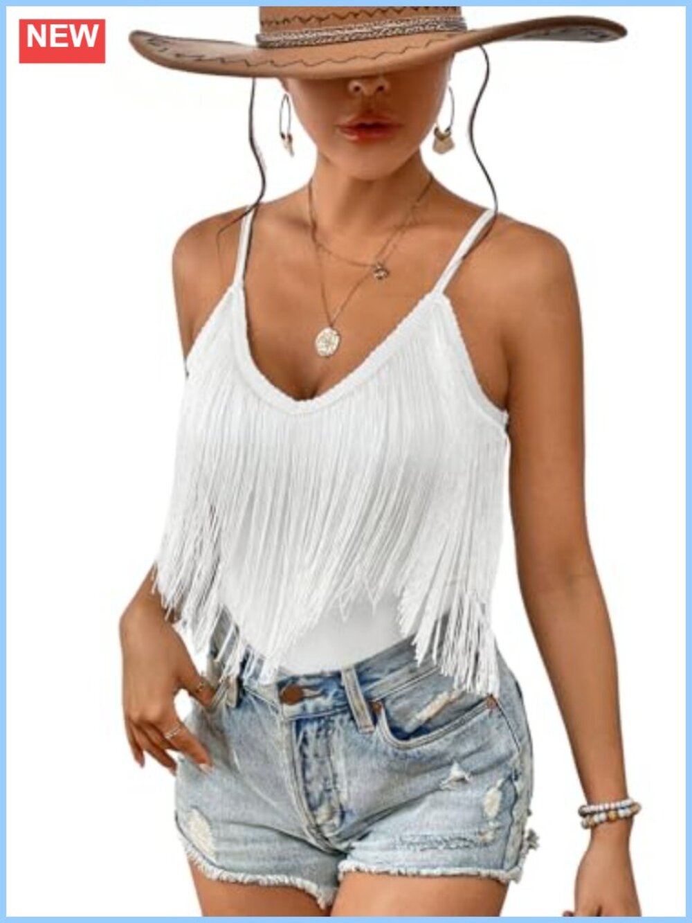 Women's Western Fringe Halter Tank Top V-Neck Backless Tassel Hem Country